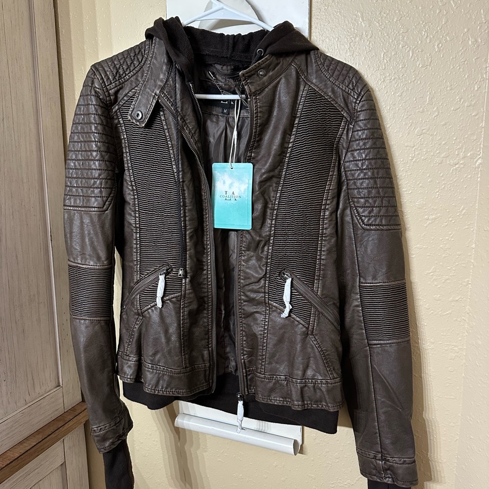 Coalition Women’s Moto Jacket coffee brown Faux Leather Size medium